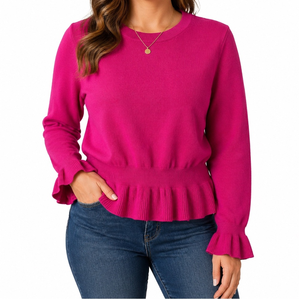 Calvin Klein Pink Peplum Sweater Ruffle Hem Long Sleeve Cotton Size L